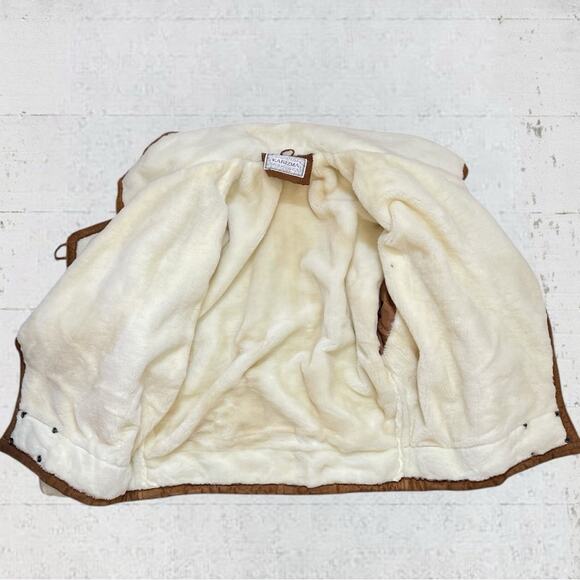 Vintage Karizma Brown Suede Leather Moto Jacket Faux Fur Shearling Size L - Picture 9 of 11